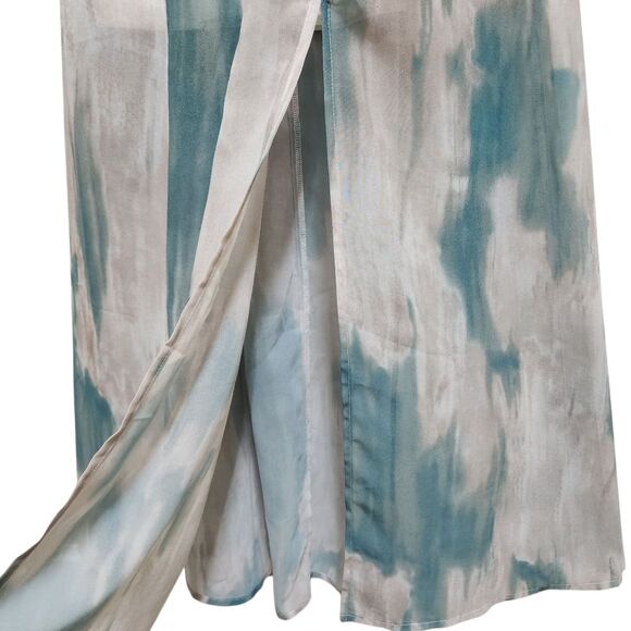 Chic Soul Dress Sz 1X Teal Tan Chiffon Maxi Flutter Sleeve Surplice V Neck Slit - Picture 6 of 13